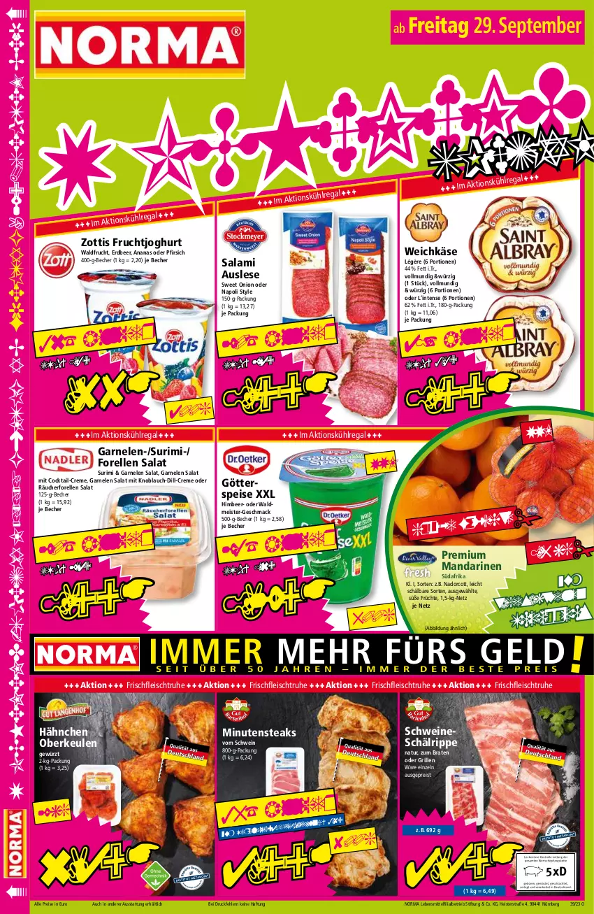 Aktueller Prospekt Norma - Norma - von 25.09 bis 02.10.2023 - strona 16 - produkty: ananas, Becher, braten, cocktail, creme, eis, elle, fleisch, forelle, frucht, früchte, fruchtjoghurt, garnelen, gewürz, götterspeise, grill, himbeer, joghur, joghurt, Käse, knoblauch, kühlregal, lebensmittel, mac, mandarine, mandarinen, Meister, mit knoblauch, natur, pfirsich, regal, reis, rel, salami, salat, schwein, schweine, steak, steaks, Ti, tiefpreis, waldmeister, weichkäse, wein, weine, zott