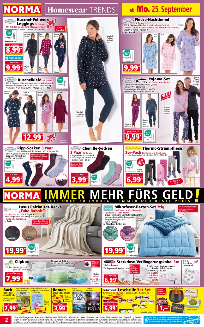 Aktueller Prospekt Norma - Norma - von 25.09 bis 02.10.2023 - strona 2 - produkty: Apotheke, Bau, baumwolle, Bebe, bett, Betten, Brille, buch, Coral, decke, dell, eis, elle, flieder, Geschenkbox, gin, hemd, hose, Kinder, kissen, kleid, kopfkissen, Kuschelkleid, latte, leggings, LG, mikrofaser, mint, Mode, Nachthemd, ndk, Pullover, Pyjama, quad, reis, ring, rum, Schal, socken, Spiele, steckdose, Steppdecke, Strumpfhose, tee, Teelicht, teelichthalter, Ti, Tipi, tisch, wein, wolle, ZTE