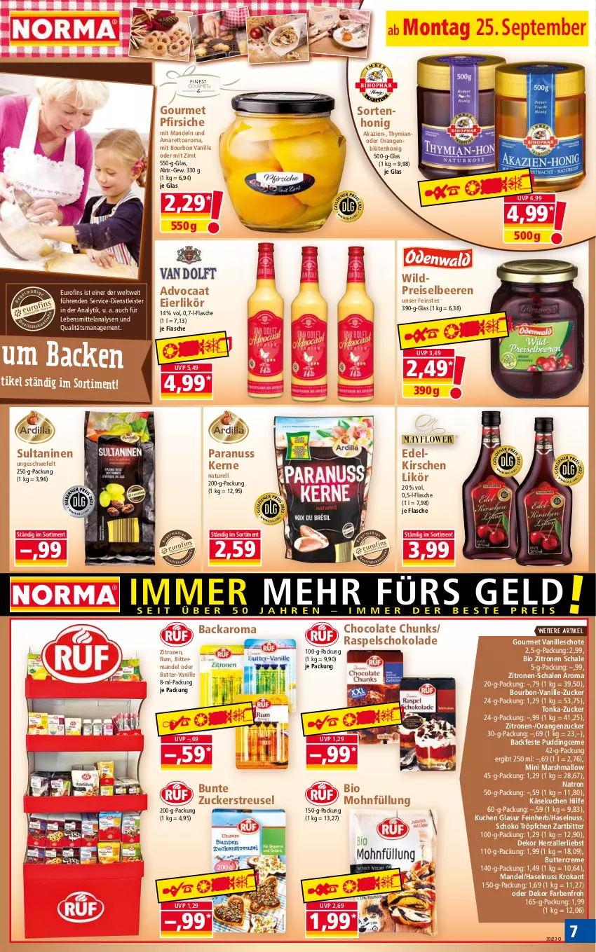 Aktueller Prospekt Norma - Norma - von 25.09 bis 02.10.2023 - strona 7 - produkty: Amaretto, beere, beeren, bio, Blüte, blütenhonig, bourbon, bourbon vanille, butter, cola, creme, eier, eierlikör, eis, Elan, flasche, haselnuss, honig, Käse, käsekuchen, kirsch, kirsche, kirschen, kuchen, Kuchen Glasur, lebensmittel, likör, mandel, mandeln, mars, natur, nuss, orange, orangen, pfirsich, pfirsiche, pudding, reis, rel, rum, Schal, Schale, schoko, schokolade, Ti, vanille, Wild, zitrone, zitronen, zucker