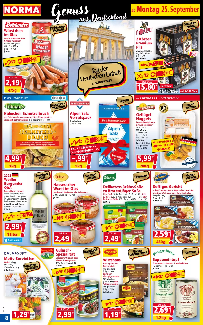 Aktueller Prospekt Norma - Norma - von 25.09 bis 02.10.2023 - strona 8 - produkty: auer, Bad, Birnen, braten, Brühe, burgunder, champignon, champignons, chili, dip, eintopf, eis, erbsen, flakes, flasche, fleisch, frucht, Geflügel, gewürz, gulasch, Hausmacher, jagdwurst, Käse, leberkäs, leberkäse, leberwurst, linsen, mac, mit röstzwiebeln, nudel, nudeln, nuggets, pils, premium pils, röstzwiebeln, sac, salz, sauce, Schal, Schale, schinken, schnitzel, schwein, schweine, schweinebraten, schweinefleisch, Serviette, servietten, Soße, Spezi, suppe, suppen, Ti, topf, wein, weine, Weißwurst, wiener, wiener würstchen, wurst, würstchen, zwiebel, zwiebeln