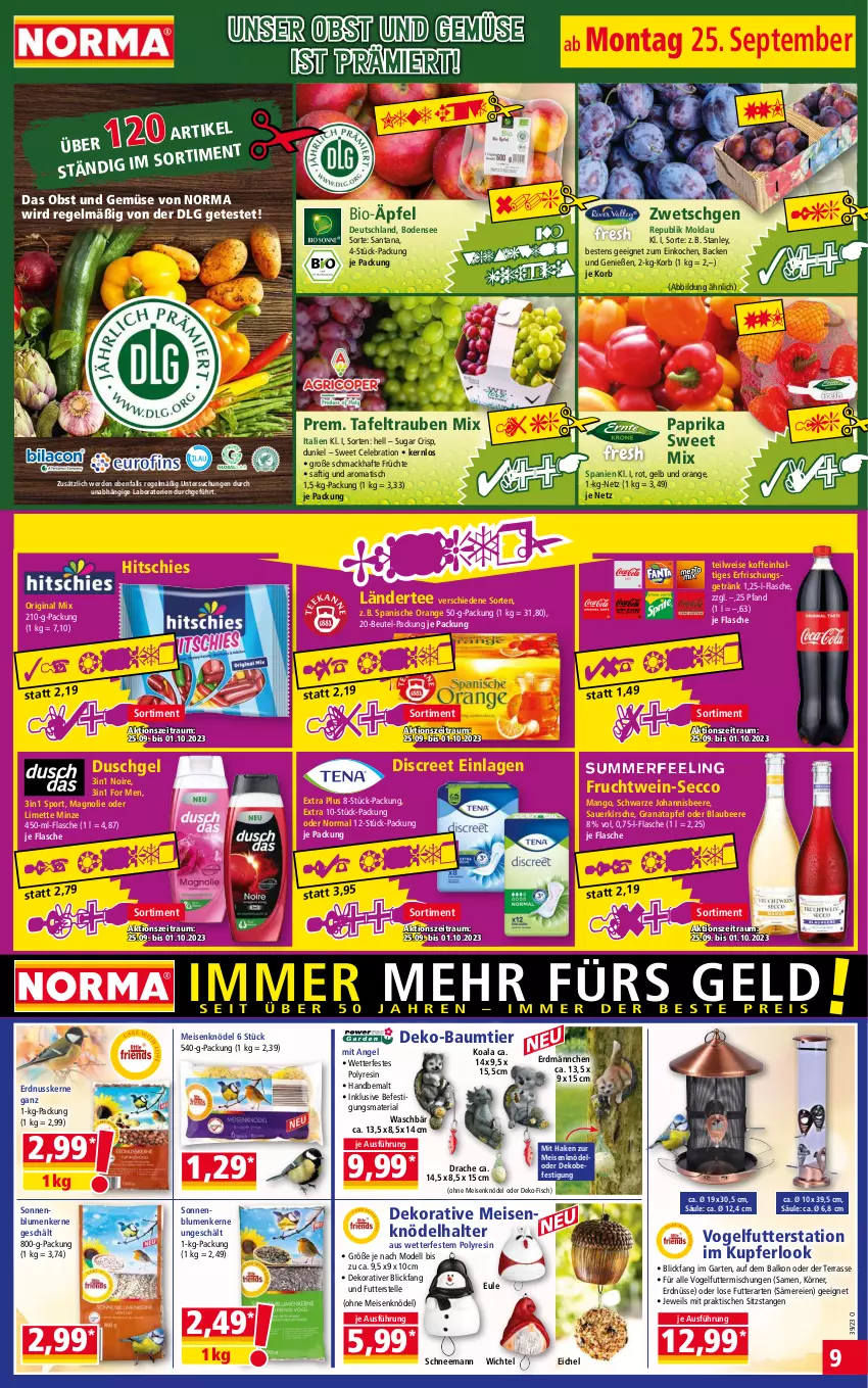 Aktueller Prospekt Norma - Norma - von 25.09 bis 02.10.2023 - strona 9 - produkty: apfel, auer, Bau, beere, beutel, bio, Blaubeer, blaubeere, blume, blumen, dell, Discreet, duschgel, ecco, eis, elle, erde, erdnuss, erdnüsse, fisch, flasche, frucht, früchte, Garten, getränk, gin, grana, granatapfel, johannisbeere, kirsch, kirsche, Knödel, korb, Ländertee, LG, limette, mac, mango, Meisenknödel, Mett, minze, Mode, nuss, obst, Obst und Gemüse, orange, paprika, Rana, reis, Ria, saft, sonnenblume, sonnenblumen, Sonnenblumenkerne, Sport, tafeltrauben, tee, Ti, tiefpreis, tisch, trauben, und gemüse, Vogelfutter, wein, Wichtel