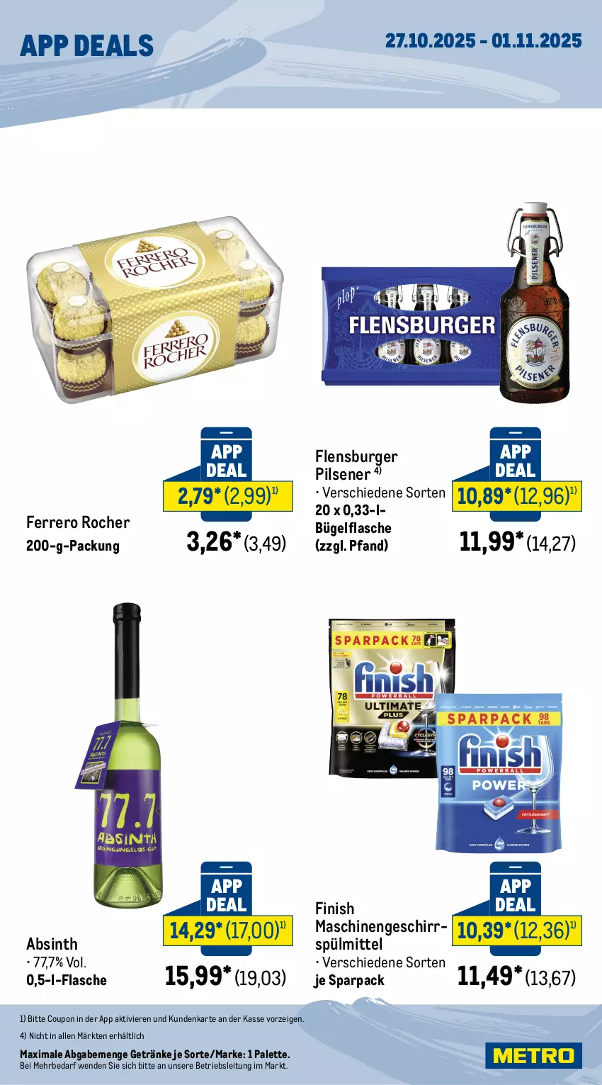 Aktueller Prospekt Metro - App Deals - von 27.10 bis 01.11.2025 - strona 2 - produkty: bügel, bügelflasche, burger, coupon, ferrero, Ferrero Rocher, Finish, flasche, flensburger, geschirr, geschirrspülmittel, getränk, getränke, Palette, pils, pilsener, spülmittel, Ti