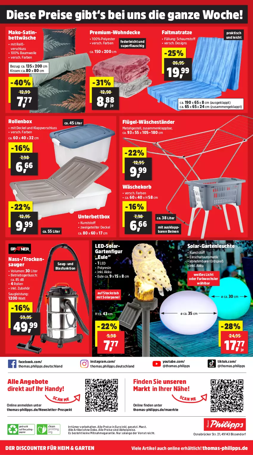 Aktueller Prospekt Thomas Philipps - von 09.09 bis 14.09.2024 - strona 12 - produkty: abholpreise, akku, alle preise sind abholpreise, angebot, angebote, auto, Bau, baumwolle, bett, bettwäsche, Clin, decke, Deckel, discount, eis, Faltmatratze, Garten, Handy, kissen, korb, Leuchte, LG, matratze, papier, reis, Rollenbox, Schal, Ti, tisch, Trockensauger, wäschekorb, wolle, Yo