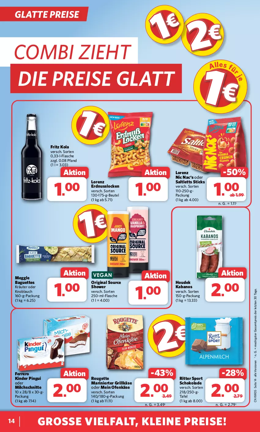 Aktueller Prospekt Combi - Prospekte - von 29.01 bis 03.02.2024 - strona 14 - produkty: baguette, baguettes, beutel, eis, erdnuss, ferrero, flasche, fritz, gin, grill, Grillkäse, houdek, kabanos, Käse, Kinder, kinder pingui, knoblauch, kräuter, latte, leine, lorenz, meggle, milch, Milchschnitte, nuss, Ofen, Ofenkäse, pingui, reis, ritter, ritter sport, rouge, rougette, saltletts, schoko, schokolade, Sport, Ti, ZTE