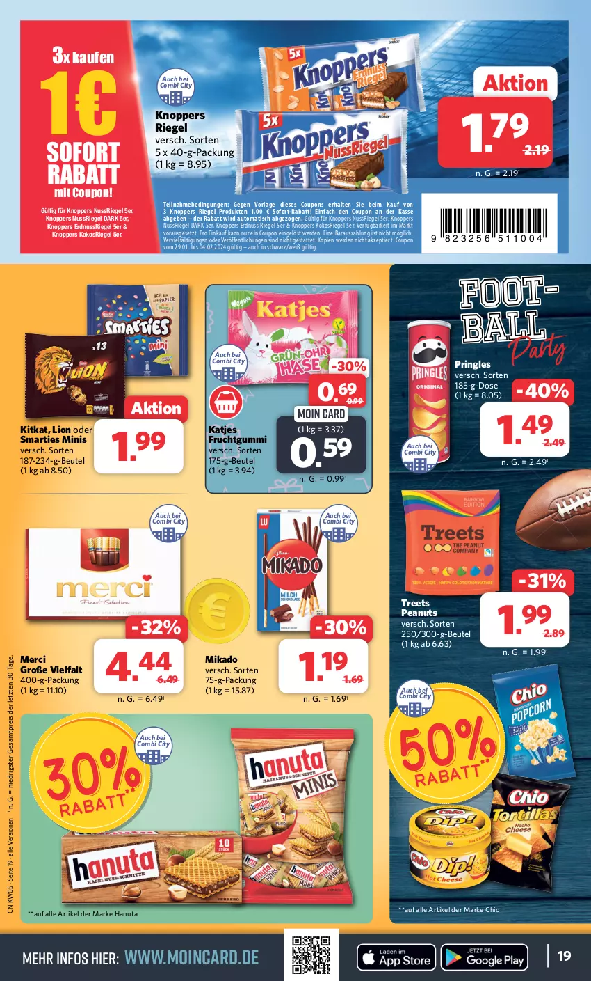 Aktueller Prospekt Combi - Prospekte - von 29.01 bis 03.02.2024 - strona 19 - produkty: auto, ball, beutel, coupon, coupons, eis, erde, erdnuss, frucht, fruchtgummi, hanuta, katjes, kitkat, knoppers, kokos, lion, merci, mikado, nuss, nussriegel, pringles, reis, riegel, ring, smarties, sofort-rabatt, Ti, tisch, ZTE