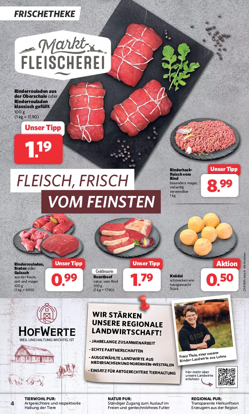 Aktueller Prospekt Combi - Prospekte - von 29.01 bis 03.02.2024 - strona 4 - produkty: beef, braten, eis, Elan, ente, fleisch, gulasch, hackfleisch, Knödel, mac, natur, rel, rind, rinder, rinderhackfleisch, Rinderroulade, rinderrouladen, roastbeef, rouladen, rwe, sac, Schal, Schale, Ti, Tiere