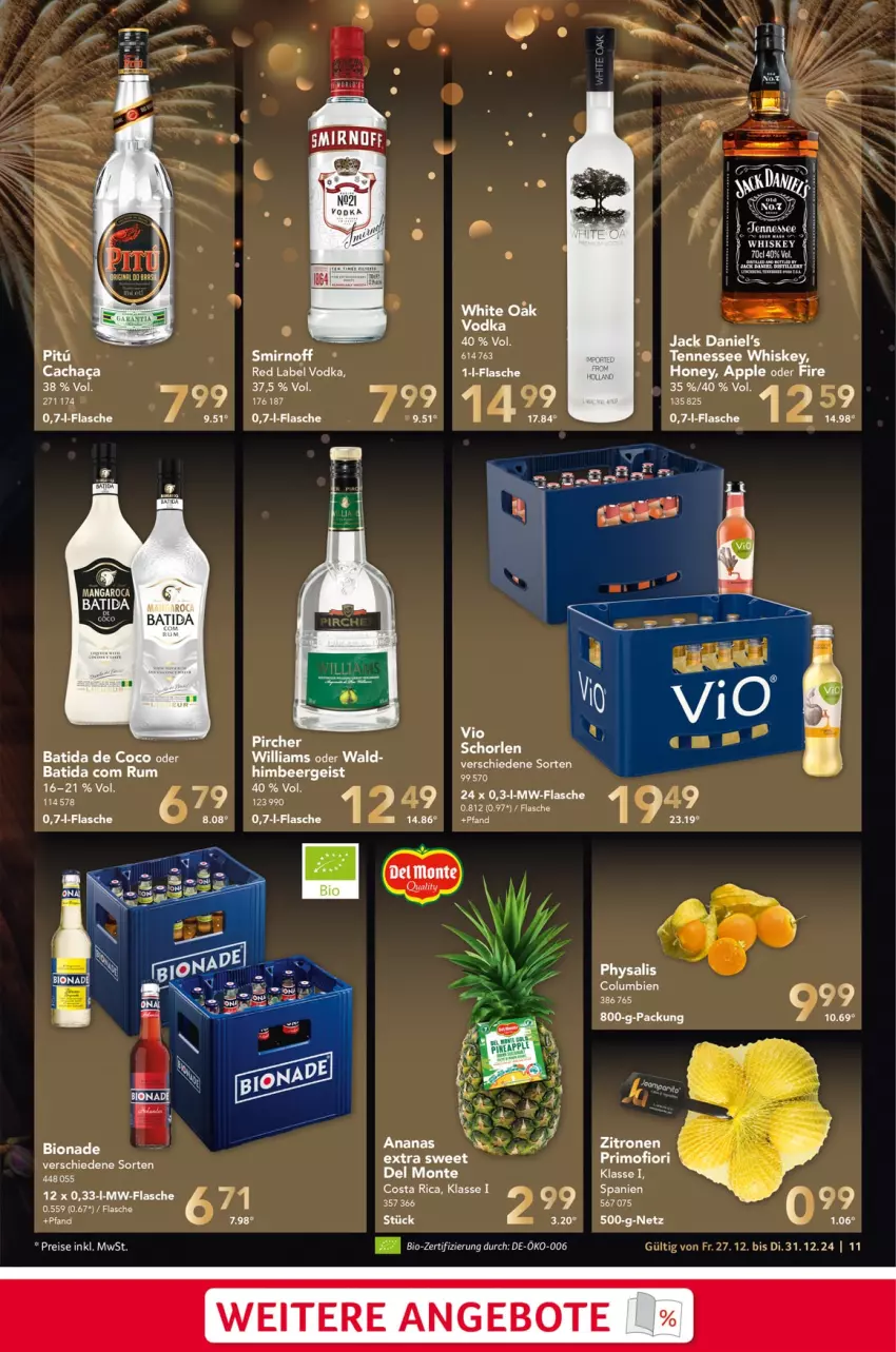 Aktueller Prospekt Selgros - Food - von 27.12 bis 31.12.2024 - strona 11 - produkty: ananas, Apple, batida, bio, bionade, eier, eis, flasche, himbeer, jack daniel, jack daniel's, monte, mw-flasche, Physalis, reis, rum, smirnoff, tennessee whiskey, Ti, vodka, whiskey, zitrone, zitronen