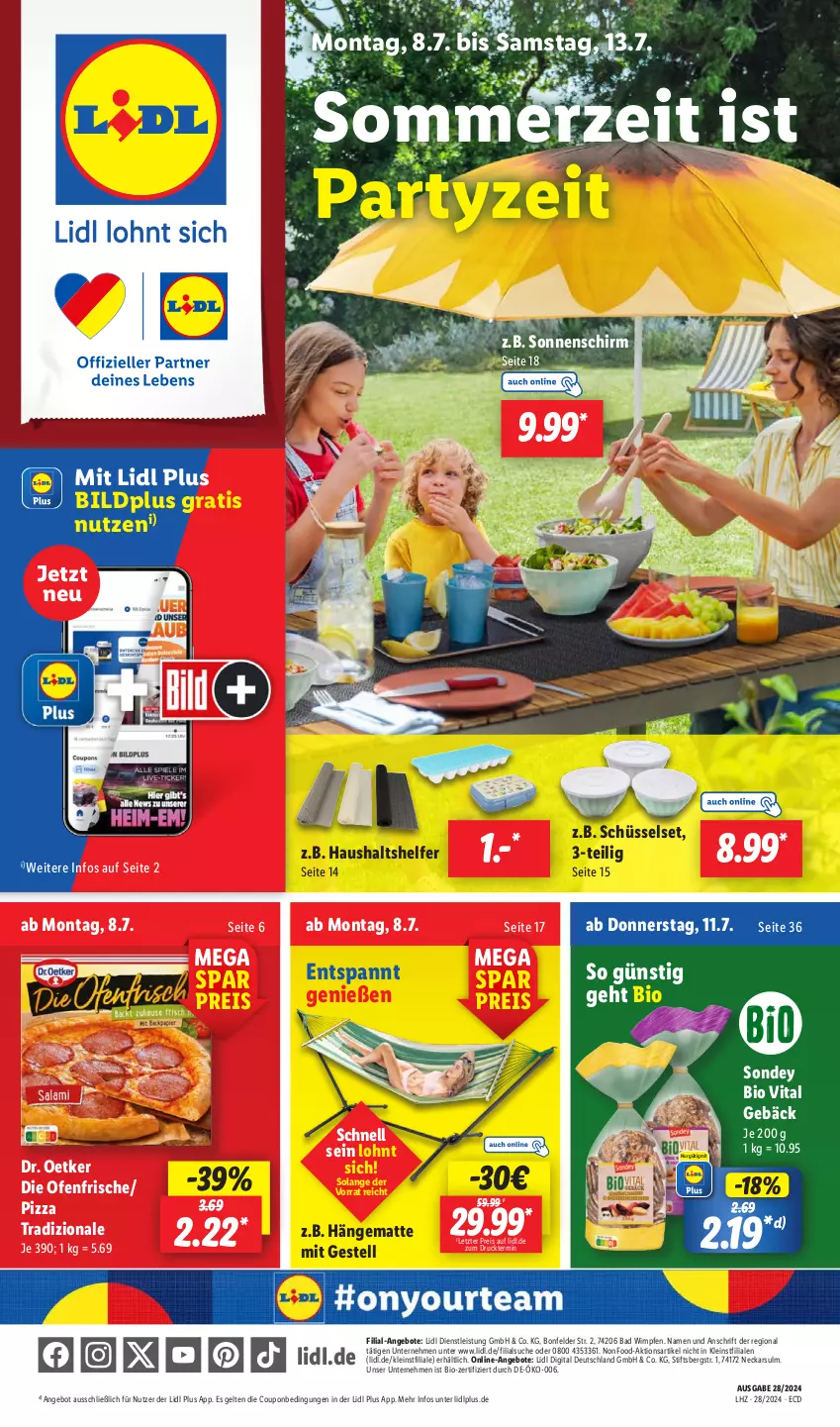 Aktueller Prospekt Lidl - Aktionsprospekt - von 08.07 bis 13.07.2024 - strona 1 - produkty: angebot, angebote, Bad, bio, coupon, die ofenfrische, Dr. Oetker, eis, hängematte, küche, Ofen, pizza, pizza tradizionale, reis, schüssel, Sondey, sonnenschirm, Ti, tradizionale, vita, ZTE