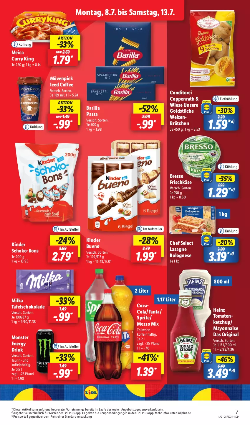 Aktueller Prospekt Lidl - Aktionsprospekt - von 08.07 bis 13.07.2024 - strona 11 - produkty: angebot, barilla, bolognese, bresso, brötchen, cola, coppenrath, coupon, curry, drink, eis, elle, energy drink, fanta, frischkäse, gin, Goldstücke, heinz, Käse, ketchup, Kinder, kinder bueno, lasagne, mayonnaise, meica, Mezzo Mix, milka, monster, Monster Energy, mövenpick, pasta, preisvorteil, reis, schoko, schoko-bons, schokolade, sprite, tafelschokolade, teller, Ti, tomate, tomaten, tomatenketchup, weizenbrötchen, Yo, ZTE