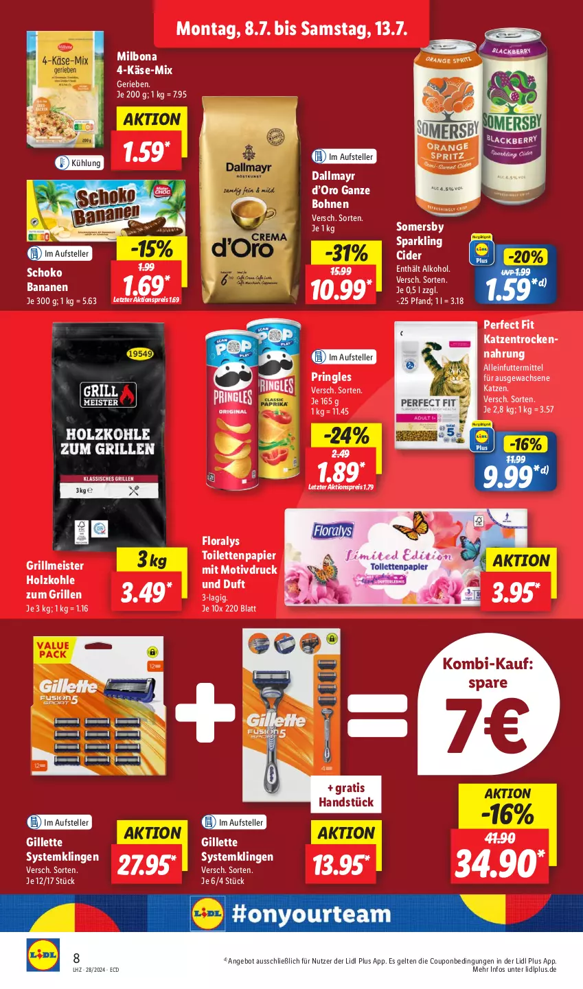 Aktueller Prospekt Lidl - Aktionsprospekt - von 08.07 bis 13.07.2024 - strona 12 - produkty: aktionspreis, alkohol, alleinfuttermittel, angebot, banane, bananen, bohne, bohnen, Bona, cider, coupon, dallmayr, eis, elle, Floralys, gillette, grill, Holz, holzkohle, Käse, Meister, Milbona, papier, Perfect Fit, pringles, reis, ring, schoko, somersby, Systemklingen, teller, Ti, toilettenpapier, ZTE