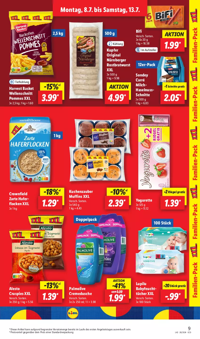 Aktueller Prospekt Lidl - Aktionsprospekt - von 08.07 bis 13.07.2024 - strona 13 - produkty: alesto, angebot, Berger, bifi, bratwurst, creme, cremedusche, dusche, eis, elle, feuchttücher, gin, hafer, haferflocken, haselnuss, kuchen, lupilu, milch, Muffin, muffins, nürnberger, nuss, olive, palmolive, pommes, preisvorteil, reis, riegel, rostbratwurst, Sondey, teller, Ti, tücher, wurst, Yo, yogurette, ZTE