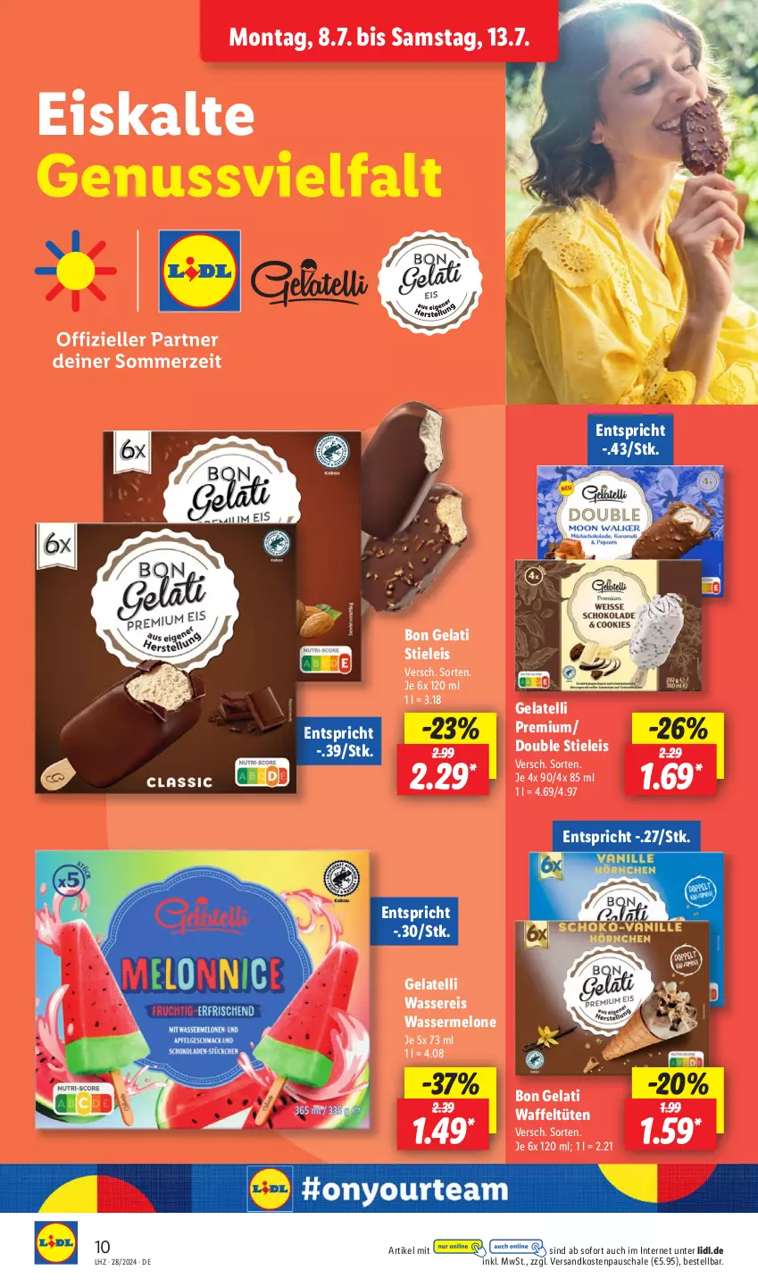 Aktueller Prospekt Lidl - Aktionsprospekt - von 08.07 bis 13.07.2024 - strona 14 - produkty: Bon Gelati, eis, Gelatelli, melone, ndk, nuss, reis, Schal, Schale, stieleis, Ti, Tüte, wasser, wassereis, wassermelone