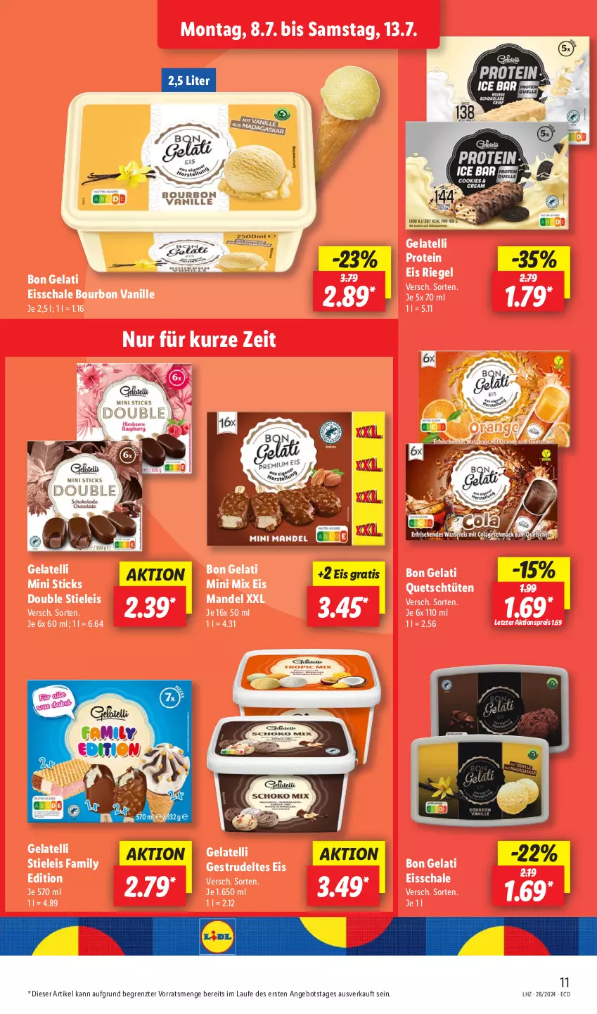 Aktueller Prospekt Lidl - Aktionsprospekt - von 08.07 bis 13.07.2024 - strona 15 - produkty: aktionspreis, angebot, Bon Gelati, bourbon, bourbon vanille, eis, Gelatelli, mandel, reis, riegel, Schal, Schale, stieleis, Strudel, Ti, Tüte, vanille, ZTE