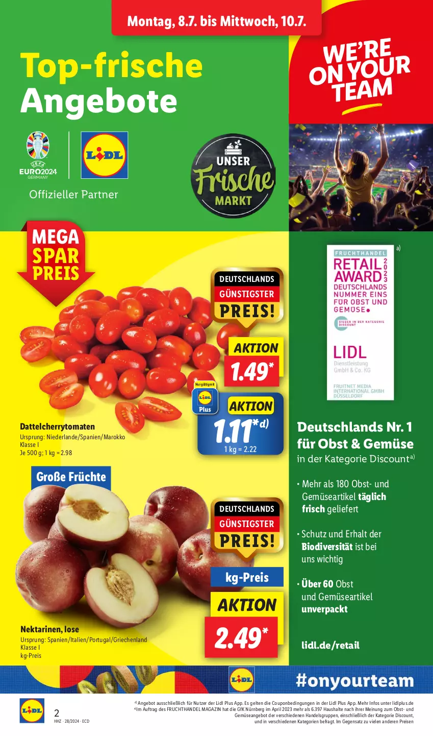 Aktueller Prospekt Lidl - Aktionsprospekt - von 08.07 bis 13.07.2024 - strona 2 - produkty: angebot, angebote, bio, cherrytomaten, coupon, discount, eis, frucht, früchte, magazin, Nektar, nektarinen, obst, Obst und Gemüse, pril, reis, Ti, tomate, tomaten, und gemüse