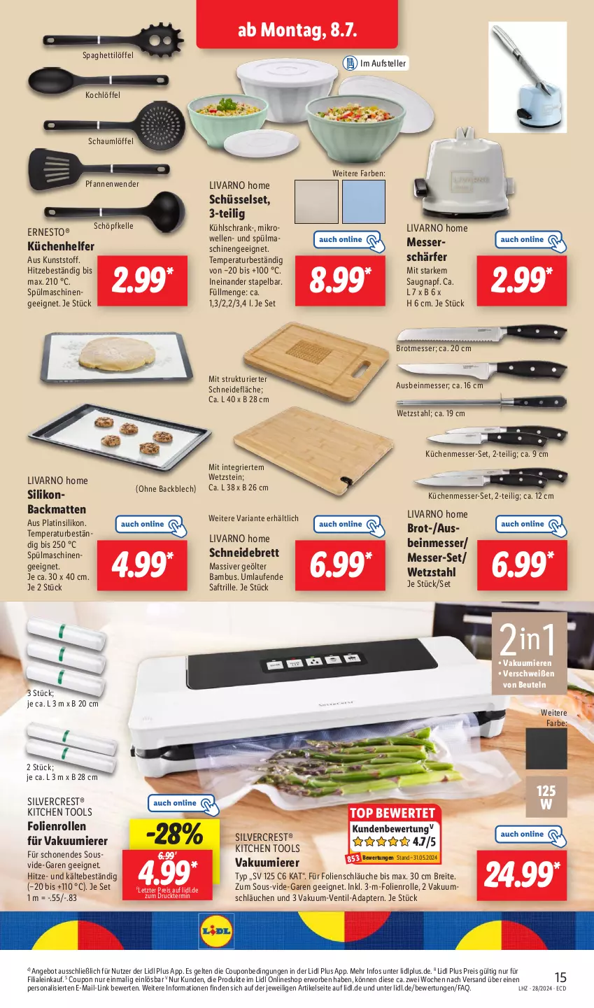 Aktueller Prospekt Lidl - Aktionsprospekt - von 08.07 bis 13.07.2024 - strona 21 - produkty: adapter, angebot, Backmatte, bambus, beutel, Brei, brot, coupon, eis, elle, ernesto, Kochlöffel, küche, Küchen, Küchenhelfer, kühlschrank, Laufen, Löffel, messer, mikrowelle, Persona, pfanne, pfannen, Pfannenwender, reis, Ria, saft, schläuche, schneidebrett, Schrank, schüssel, silvercrest, spaghetti, Spaghettilöffel, spülmaschinen, teller, Ti, usb, Vakuumierer, ZTE