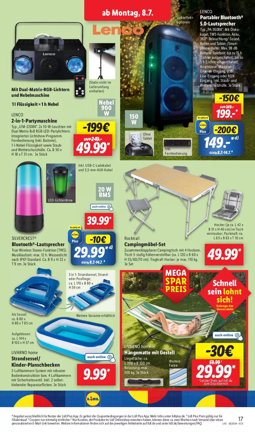 Aktueller Prospekt Lidl - Aktionsprospekt - von 08.07 bis 13.07.2024 - strona 23 - produkty: akku, angebot, Atrix, batterie, beleuchtung, bluetooth®-lautsprecher, Campingtisch, coupon, deka, eis, fernbedienung, hängematte, hocker, Kinder, kraft, Kugel, ladekabel, lautsprecher, led-licht, lenco, Leuchte, leuchten, Liege, möbel, Persona, planschbecken, pool, reis, rel, Ria, rum, Schal, schutzhülle, sessel, silvercrest, smartphone, tablet, Ti, tisch, usb, wasser, ZTE