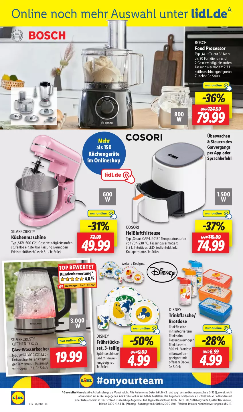 Aktueller Prospekt Lidl - Aktionsprospekt - von 08.07 bis 13.07.2024 - strona 26 - produkty: angebot, angebote, bosch, brot, Brotdose, decke, Deckel, disney, edelstahl, eis, elle, flasche, fritteuse, glas-wasserkocher, Heißluftfritteuse, Kocher, küche, Küchen, küchenmaschine, latte, mikrowelle, ndk, reis, rel, Rührschüssel, Schal, Schale, schüssel, silvercrest, spülmaschinen, telefon, Ti, trinkflasche, uhr, wasser, wasserkocher