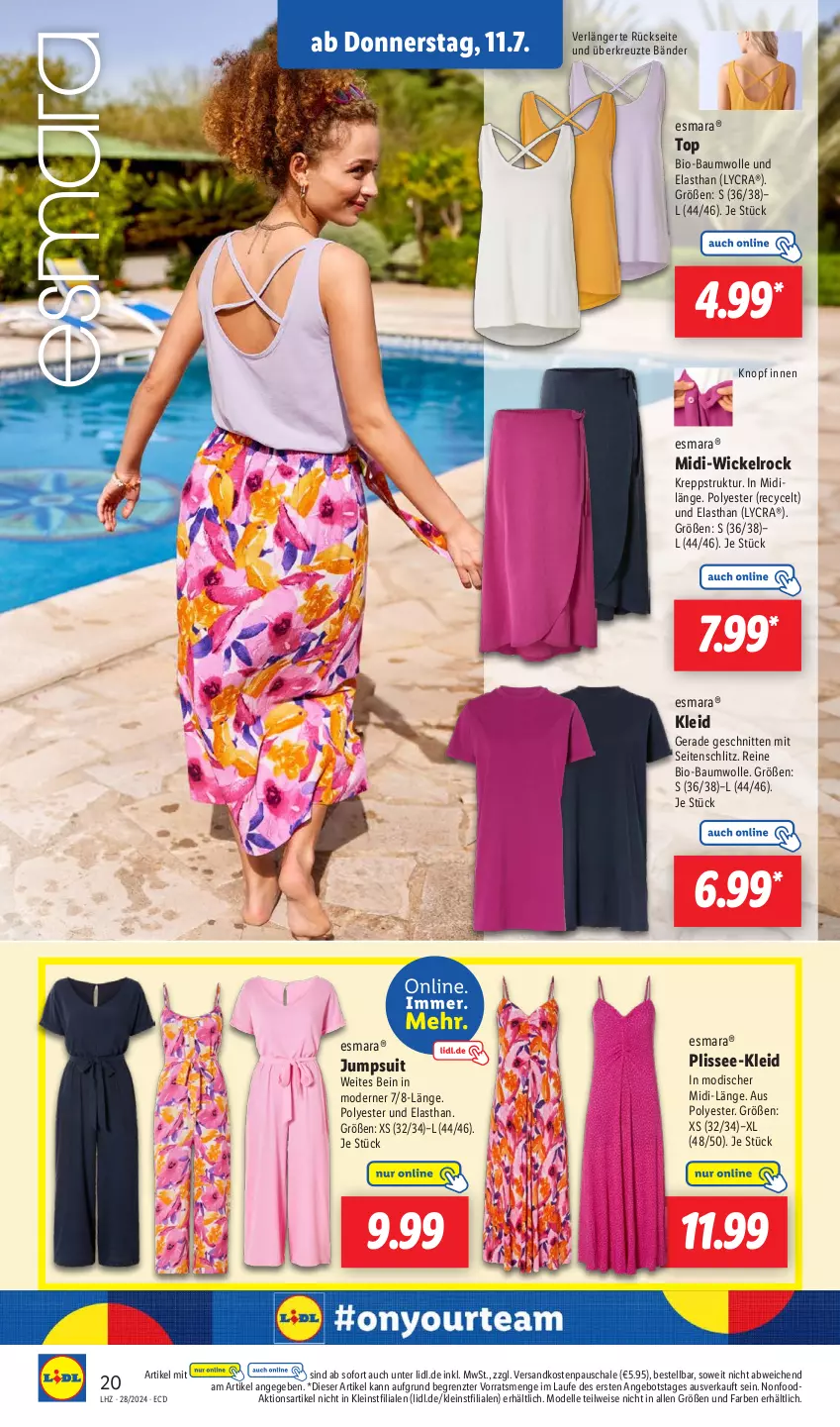 Aktueller Prospekt Lidl - Aktionsprospekt - von 08.07 bis 13.07.2024 - strona 28 - produkty: angebot, Bau, baumwolle, bio, bio-baumwolle, dell, eis, elle, esmara, jumpsuit, kleid, Mode, ndk, Schal, Schale, schnitten, Ti, WICK, wolle, ZTE