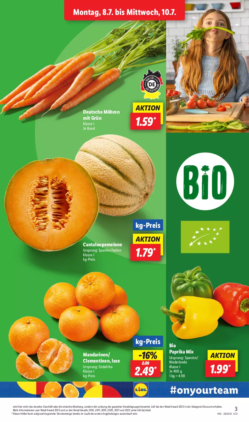 Aktueller Prospekt Lidl - Aktionsprospekt - von 08.07 bis 13.07.2024 - strona 3 - produkty: Abtei, angebot, bio, clementinen, discount, eis, mandarine, mandarinen, melone, möhren, paprika, paprika mix, reis, Ti, ZTE