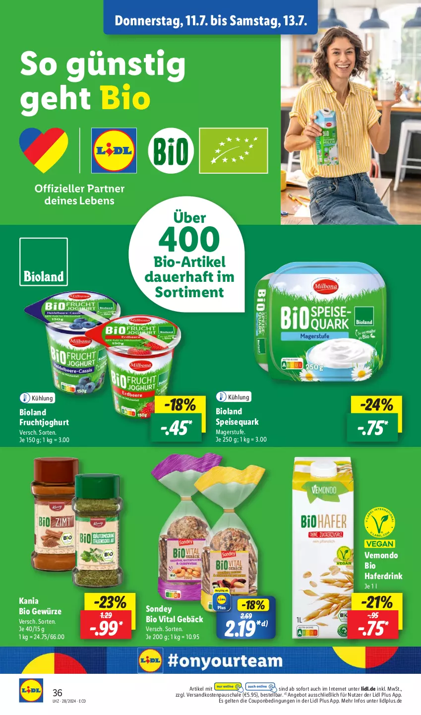 Aktueller Prospekt Lidl - Aktionsprospekt - von 08.07 bis 13.07.2024 - strona 46 - produkty: angebot, auer, bio, bioland, coupon, drink, eis, frucht, fruchtjoghurt, gewürz, hafer, Haferdrink, joghur, joghurt, ndk, quark, Schal, Schale, Sondey, speisequark, Ti, vita