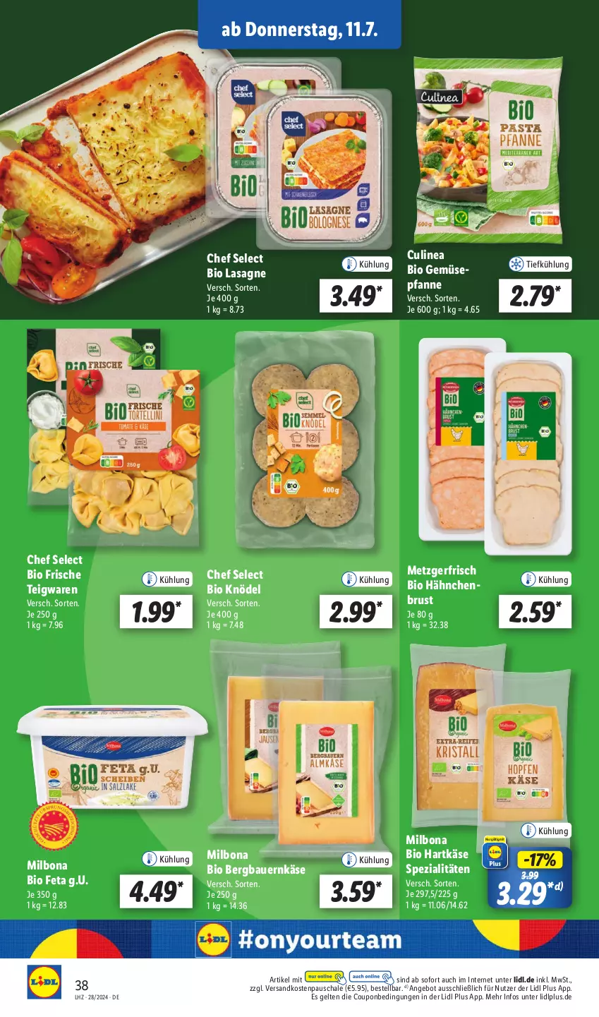 Aktueller Prospekt Lidl - Aktionsprospekt - von 08.07 bis 13.07.2024 - strona 48 - produkty: angebot, auer, Bau, Bauer, bio, bio gemüse, Bona, coupon, feta, hähnchenbrust, hartkäse, Käse, Knödel, lasagne, Milbona, ndk, pfanne, Schal, Schale, Spezi, teigwaren, Ti