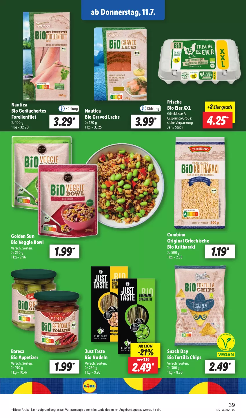 Aktueller Prospekt Lidl - Aktionsprospekt - von 08.07 bis 13.07.2024 - strona 49 - produkty: angebot, bio, chips, eier, elle, filet, forelle, gin, Graved Lachs, lachs, nudel, nudeln, rel, resa, snack, Ti, tortilla, Tortilla Chips, veggie, ZTE