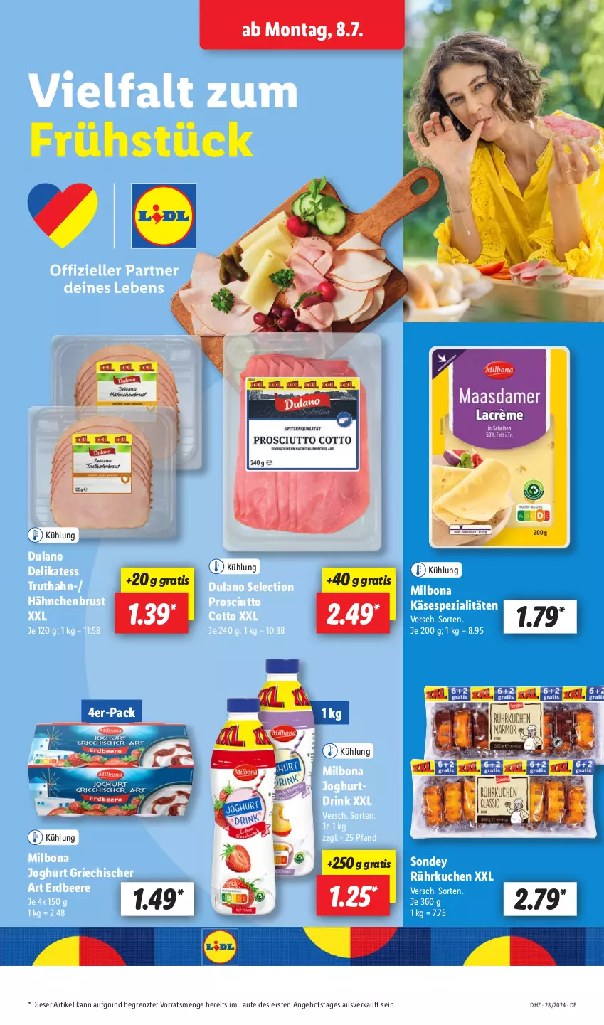 Aktueller Prospekt Lidl - Aktionsprospekt - von 08.07 bis 13.07.2024 - strona 5 - produkty: angebot, beere, Bona, drink, dulano, erdbeere, hähnchenbrust, joghur, joghurt, Joghurtdrink, Käse, kuchen, Milbona, prosciutto, prosciutto cotto, Sondey, Spezi, Ti, truthahn, ZTE