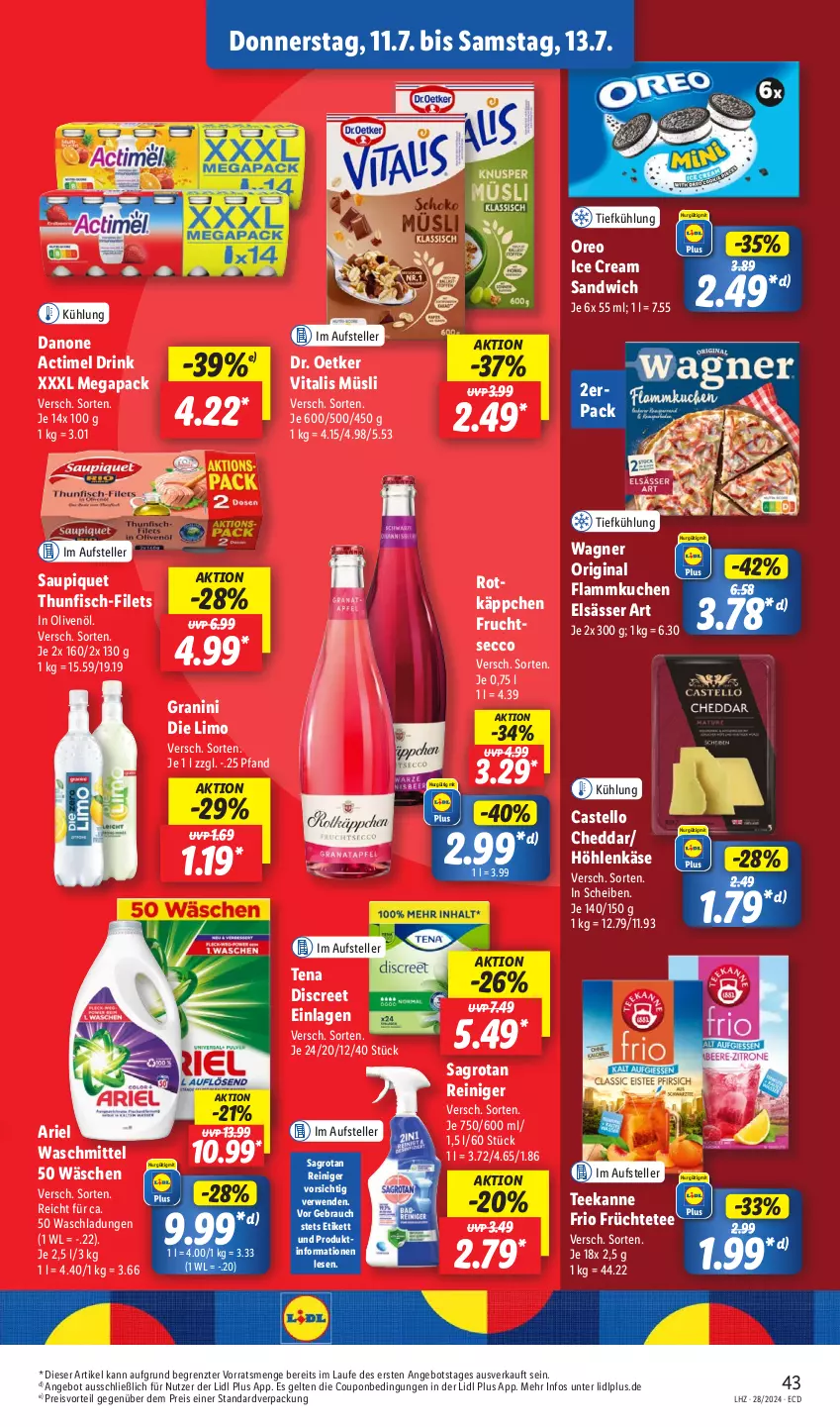 Aktueller Prospekt Lidl - Aktionsprospekt - von 08.07 bis 13.07.2024 - strona 55 - produkty: actimel, actimel drink, angebot, ariel, ariel waschmittel, cheddar, coupon, danone, danone actimel drink, Discreet, Dr. Oetker, drink, ecco, eis, elle, elsässer art, filet, filets, fisch, flammkuchen, frucht, früchte, Früchtetee, fruchtsecco, gin, granini, granini die limo, höhlenkäse, in olivenöl, Käse, kuchen, lamm, limo, müsli, olive, oliven, olivenöl, oreo, preisvorteil, Rauch, reiniger, reis, rotkäppchen, rwe, sagrotan, sandwich, saupiquet, tee, teekanne, teller, thunfisch, Ti, vita, vitalis, vitalis müsli, wagner, waschmittel, ZTE