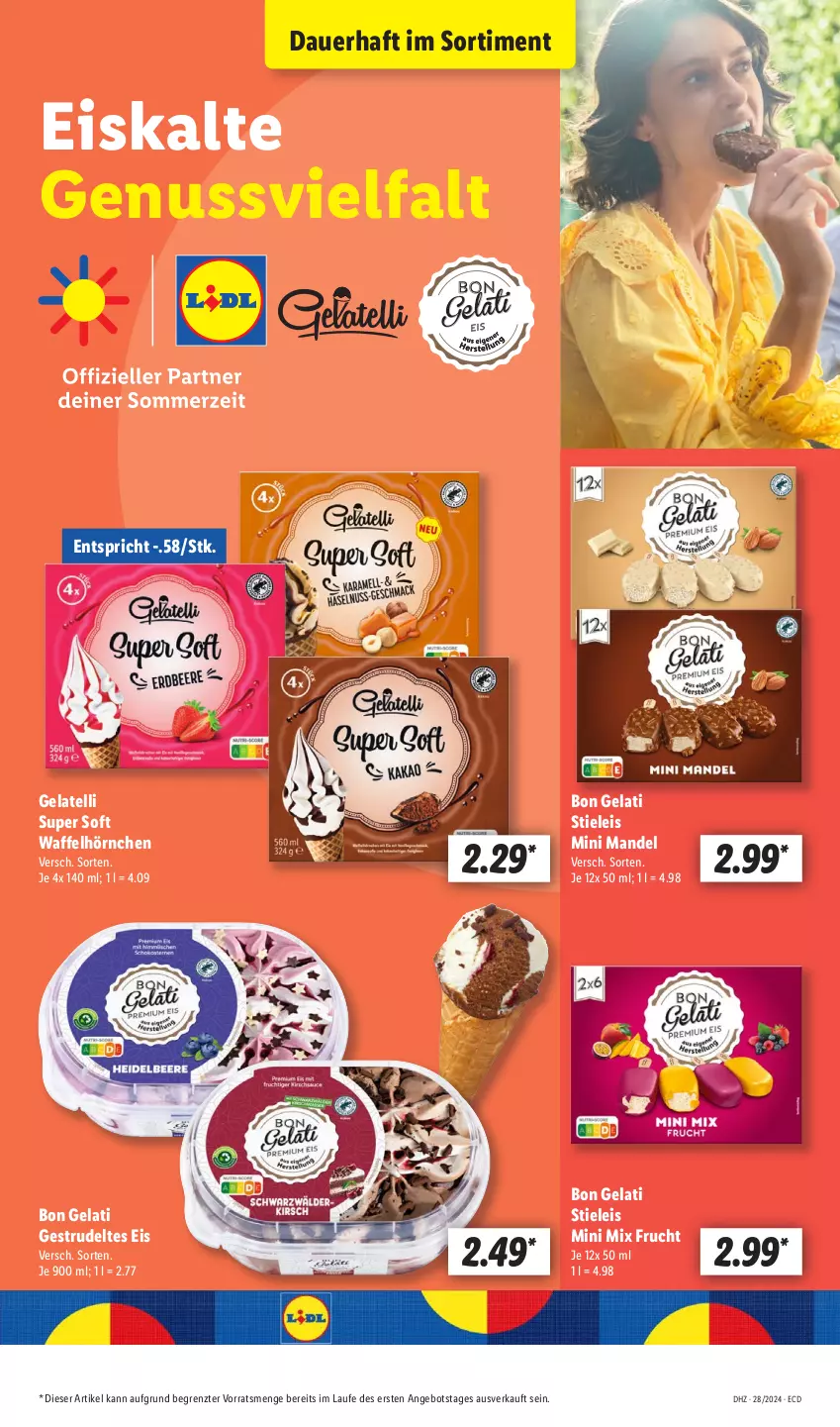 Aktueller Prospekt Lidl - Aktionsprospekt - von 08.07 bis 13.07.2024 - strona 57 - produkty: angebot, auer, Bon Gelati, eis, frucht, Gelatelli, hörnchen, mandel, nuss, stieleis, Strudel, Ti, Waffelhörnchen, ZTE