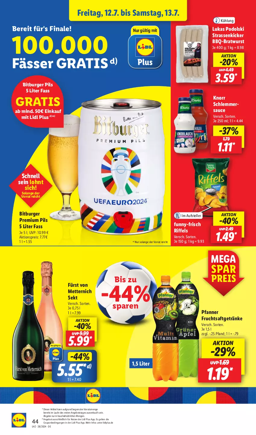 Aktueller Prospekt Lidl - Aktionsprospekt - von 08.07 bis 13.07.2024 - strona 58 - produkty: aktionspreis, angebot, bitburger, bitburger pils, bratwurst, burger, coupon, drucker, eis, elle, Engel, frucht, fruchtsaft, fruchtsaftgetränk, funny-frisch, fürst von metternich, getränk, getränke, kerze, knorr, Mett, metternich, Odol, papier, pfanne, Pfanner, pils, premium pils, reis, saft, sauce, schlemmersauce, sekt, teller, Ti, wurst, ZTE