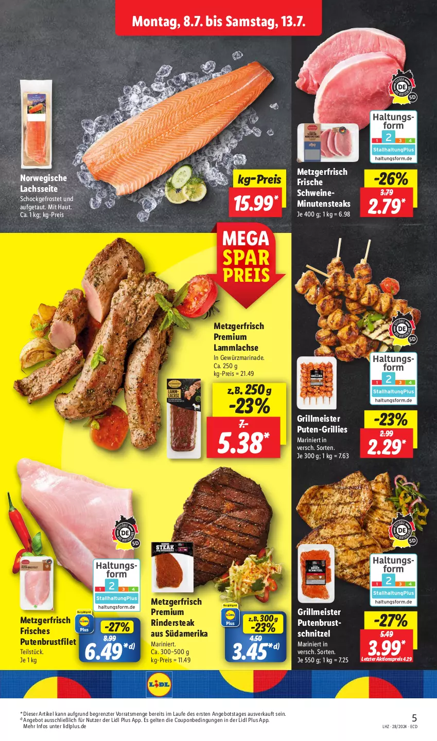 Aktueller Prospekt Lidl - Aktionsprospekt - von 08.07 bis 13.07.2024 - strona 7 - produkty: aktionspreis, angebot, brustfilet, coupon, eis, filet, gewürz, grill, lachs, lamm, lammlachse, marinade, Meister, minutensteaks, pute, putenbrust, putenbrustfilet, reis, rind, rinder, Rindersteak, rwe, schnitzel, schwein, schweine, steak, steaks, Ti, wein, weine, ZTE