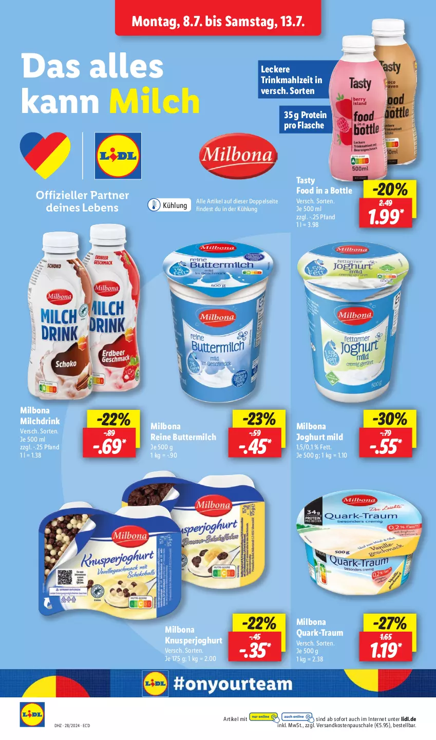 Aktueller Prospekt Lidl - Aktionsprospekt - von 08.07 bis 13.07.2024 - strona 8 - produkty: Bona, butter, buttermilch, drink, flasche, joghur, joghurt, joghurt mild, Milbona, milch, ndk, quark, reine buttermilch, Schal, Schale, Ti