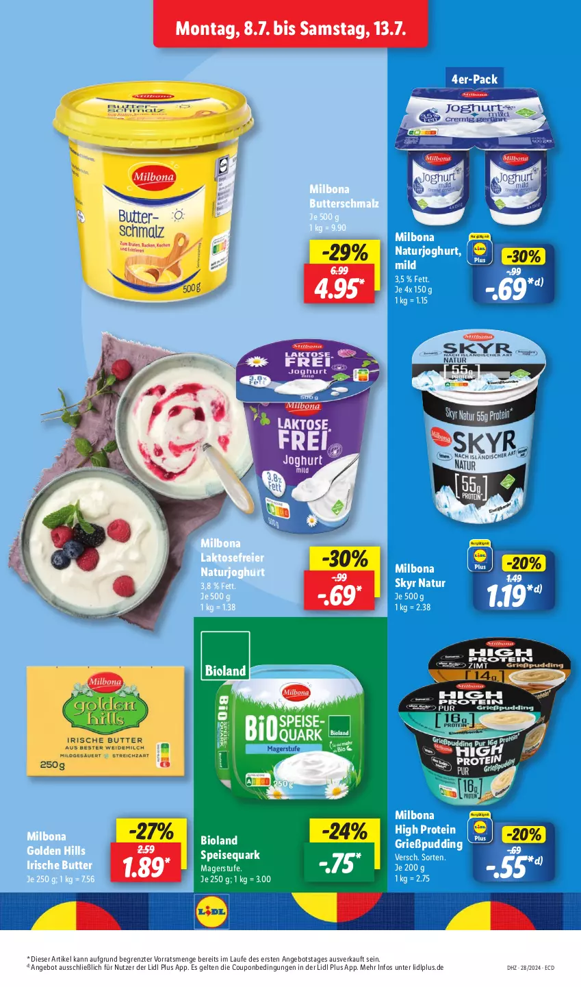 Aktueller Prospekt Lidl - Aktionsprospekt - von 08.07 bis 13.07.2024 - strona 9 - produkty: angebot, bio, bioland, Bona, butter, Butterschmalz, coupon, eier, eis, Grießpudding, irische butter, joghur, joghurt, malz, Milbona, natur, naturjoghurt, pudding, quark, Schmalz, Skyr, speisequark, Ti, ZTE