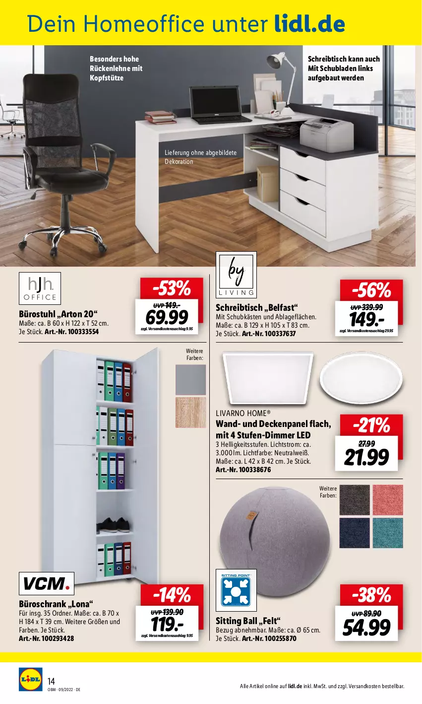 Aktueller Prospekt Lidl - Aktuelle Onlineshop-Highlights - von 01.09 bis 30.09.2022 - strona 14 - produkty: ball, Bau, decke, dekoration, dimmer, erde, kopfstütze, ndk, office, ordner, rückenlehne, Schrank, schreibtisch, schubladen, stuhl, Ti, tisch