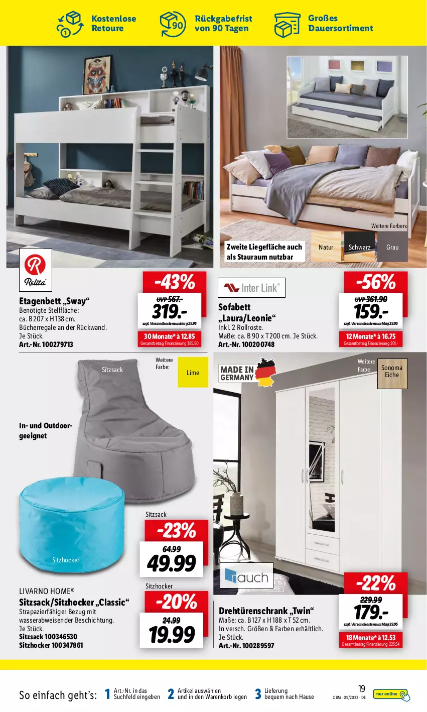 Aktueller Prospekt Lidl - Aktuelle Onlineshop-Highlights - von 01.09 bis 30.09.2022 - strona 19 - produkty: auer, bett, drehtürenschrank, eis, Etagenbett, hocker, korb, Liege, natur, ndk, regal, rückwand, sac, Schrank, Sofa, Ti, türenschrank, wasser