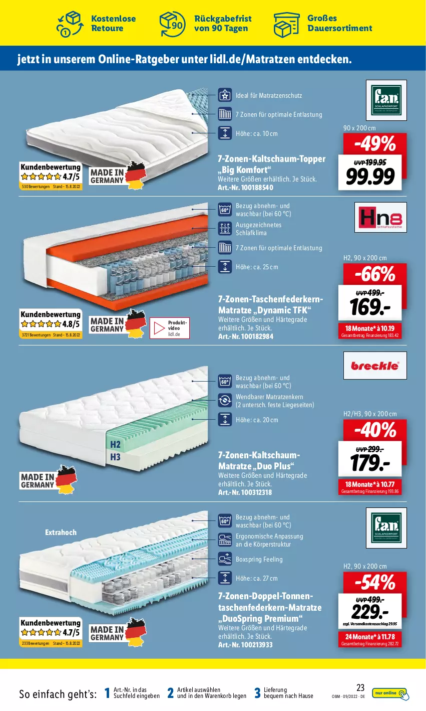 Aktueller Prospekt Lidl - Aktuelle Onlineshop-Highlights - von 01.09 bis 30.09.2022 - strona 23 - produkty: auer, decke, deo, federkern, federkernmatratze, kaltschaummatratze, kernmatratze, korb, Liege, matratze, matratzen, ndk, ring, Schaummatratze, Tasche, taschen, taschenfederkern-matratze, taschenfederkernmatratze, Ti, topper