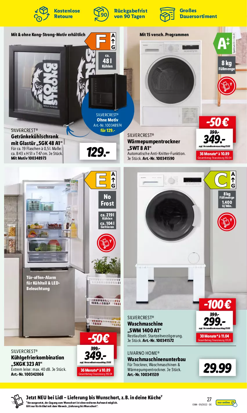 Aktueller Prospekt Lidl - Aktuelle Onlineshop-Highlights - von 01.09 bis 30.09.2022 - strona 27 - produkty: auer, auto, Bau, beleuchtung, eis, flasche, gefrierkombination, getränk, getränke, Glastür, küche, kühlschrank, kühlschrank mit, LG, ndk, rum, Schrank, silvercrest, Spektrum, Ti, tisch, Trockner, wärmepumpentrockner, waschmaschine, waschmaschinen