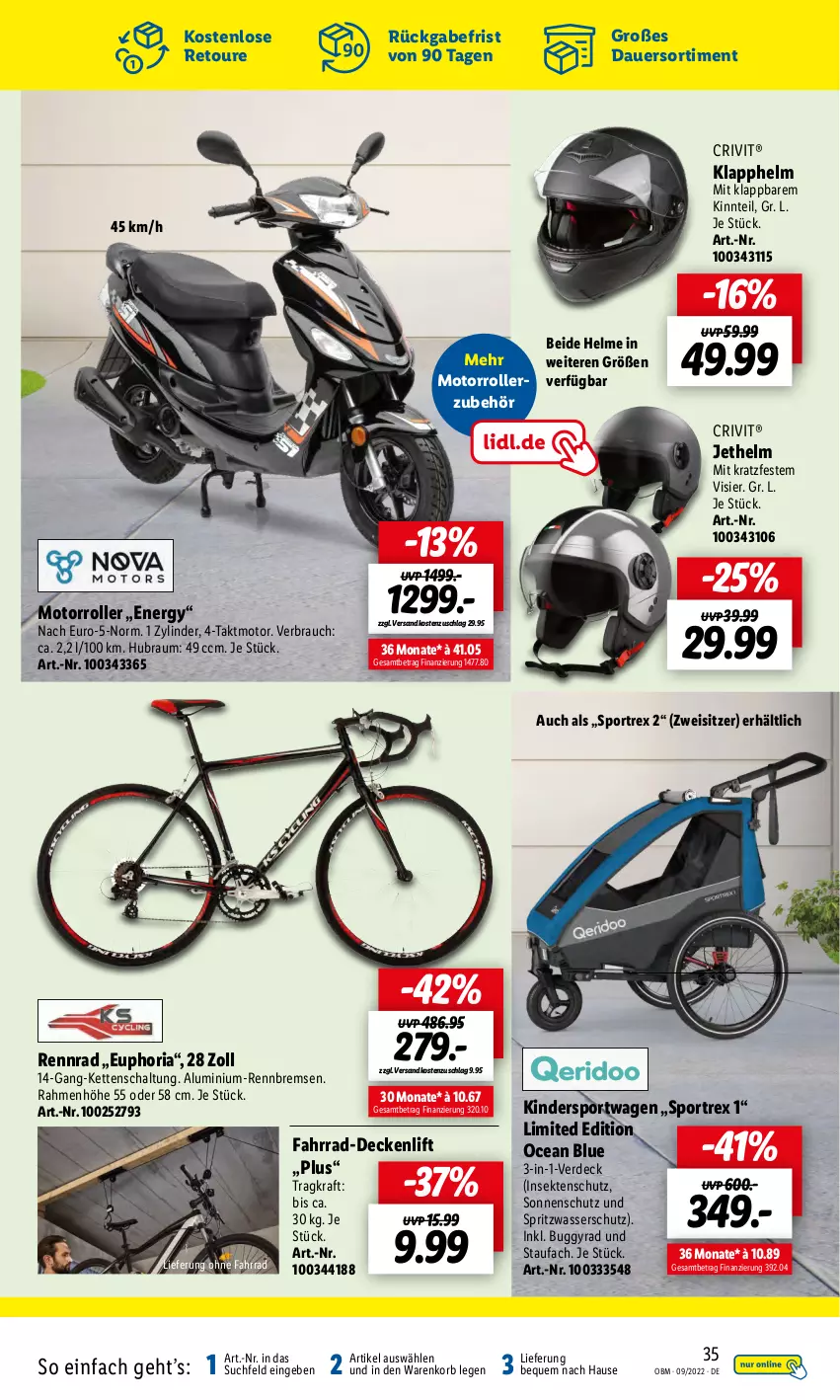 Aktueller Prospekt Lidl - Aktuelle Onlineshop-Highlights - von 01.09 bis 30.09.2022 - strona 35 - produkty: auer, Buggy, crivit, decke, eis, erde, Fahrrad, insektenschutz, Kette, Kinder, korb, kraft, Motorroller, ndk, Rauch, Ria, Roller, Schal, sekt, sonnenschutz, Sport, Ti, wasser