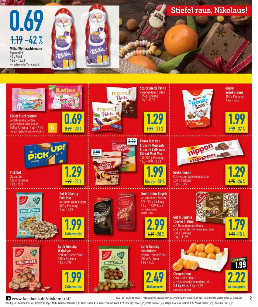 Aktueller Prospekt Diska - Prospekte - von 28.11 bis 03.12.2022 - strona 2 - produkty: aktionspreis, alpenmilch, choco crossies, crossies, deka, eis, katjes, Kinder, lindor, lindt, milch, milka, nuss, Pick Up!, reis, schoko, schoko-bons, storck, Ti, ZTE