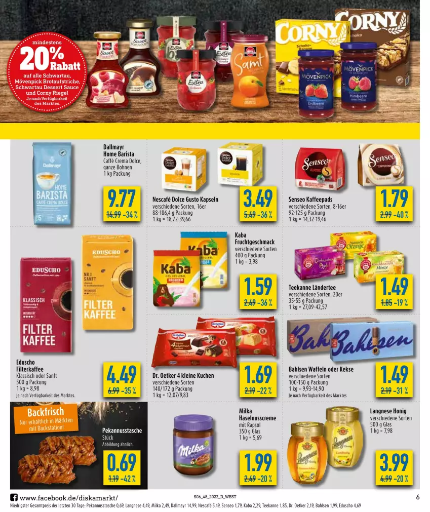 Aktueller Prospekt Diska - Prospekte - von 28.11 bis 03.12.2022 - strona 6 - produkty: bahlsen, bohne, bohnen, caffe, creme, dallmayr, dolce gusto, Dr. Oetker, eduscho, eis, filterkaffee, frucht, haselnuss, Haselnusscreme, honig, kaffee, kaffeepads, keks, kekse, kuchen, Ländertee, langnese, leine, mac, milka, nescafe, nuss, rapsöl, reis, senseo, Tasche, tee, teekanne, waffeln, ZTE