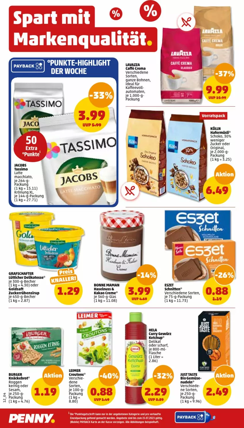 Aktueller Prospekt Penny - Prospekte - von 10.07 bis 15.07.2023 - strona 12 - produkty: ACC, Becher, bio, bio gemüse, bohne, bohnen, bonne maman, brot, burger, chia, creme, croutons, eimer, flasche, gewürz, gin, goldsaft, grafschafter, hafer, haselnuss, Hela, jacobs, jacobs tassimo, kaffee, kakao, ketchup, knäckebrot, kölln, latte, latte macchiato, leimer, mac, macchiato, mam, müsli, nudel, nudeln, nuk, nuss, payback, saft, schnitten, schoko, sesam, sim, sirup, tassimo, Ti, Yo, zucker