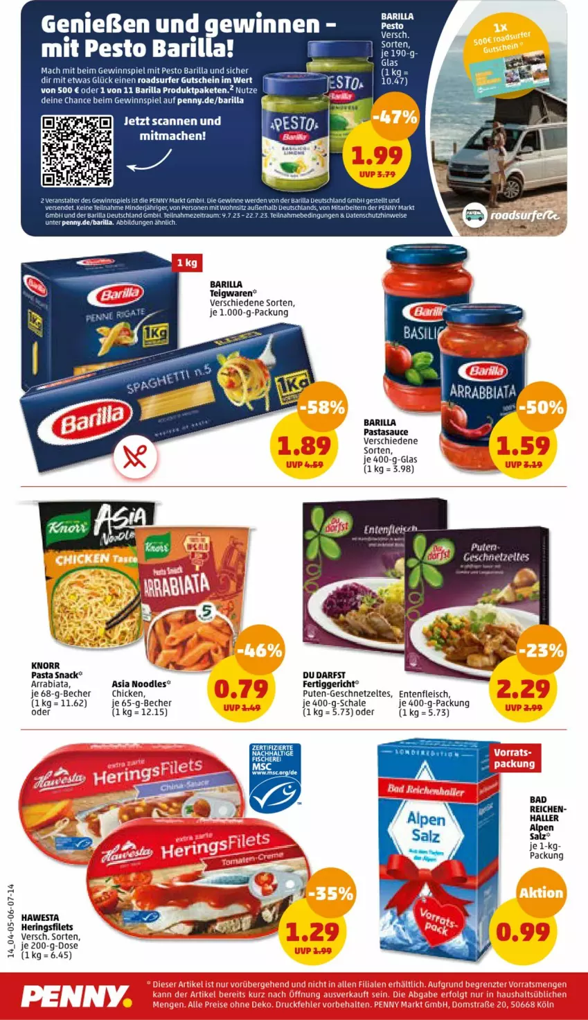 Aktueller Prospekt Penny - Prospekte - von 10.07 bis 15.07.2023 - strona 14 - produkty: Bad, barilla, Becher, eis, ente, erde, fertiggericht, filet, filets, fleisch, geschnetzeltes, gewinnspiel, gutschein, hawesta, hering, Herings, heringsfilets, knorr, mac, pasta, pasta snack, pesto, pute, ring, sauce, Schal, Schale, snack, Surf, teigwaren, Ti, Zelt