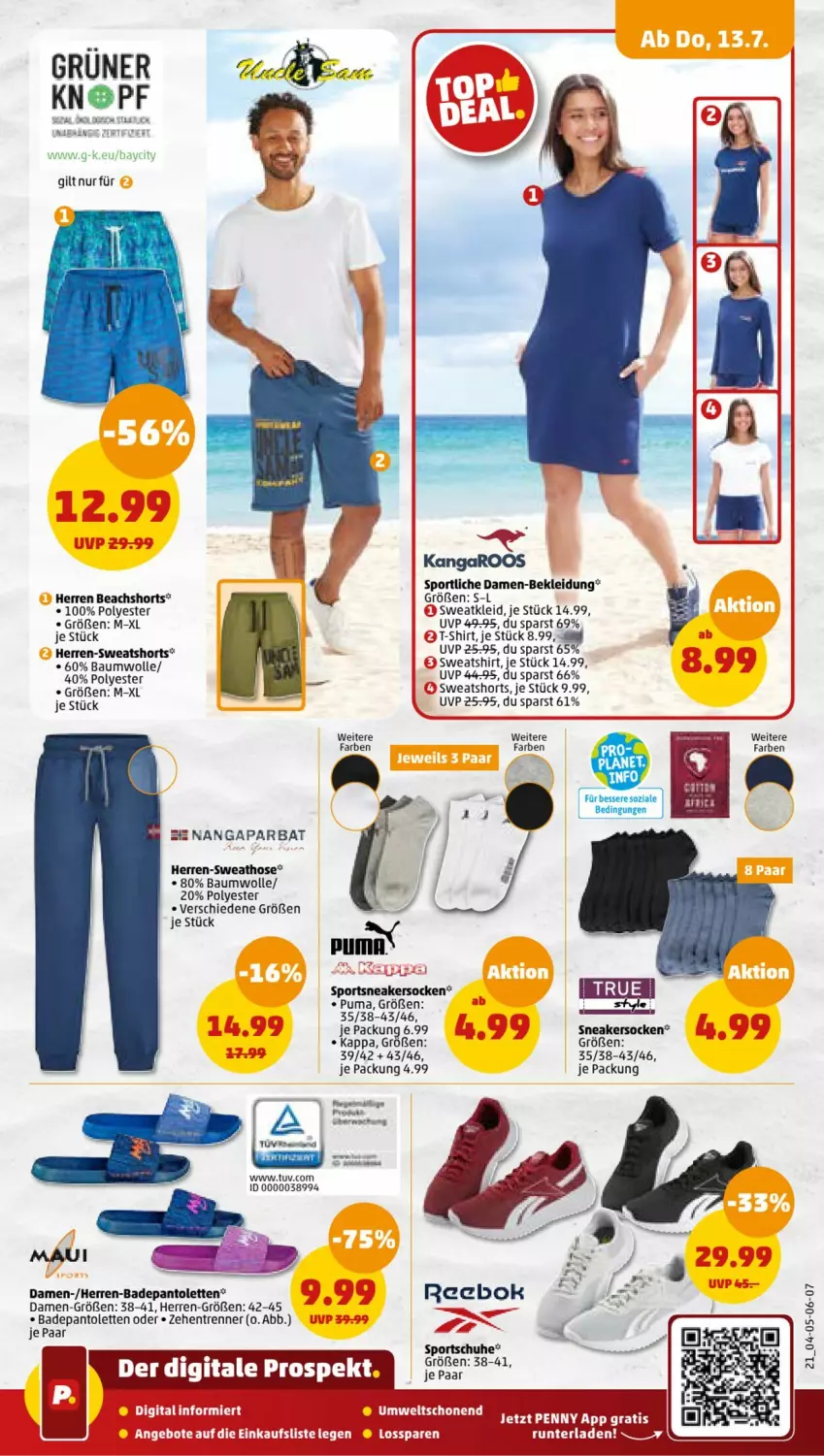 Aktueller Prospekt Penny - Prospekte - von 10.07 bis 15.07.2023 - strona 21 - produkty: Bad, Bau, baumwolle, hose, kappa, kleid, Kleidung, pantolette, pantoletten, puma, Reebok, schuhe, shirt, shorts, sneaker, sneakersocken, socken, Sport, sportschuhe, Sweathose, Sweatkleid, Sweatshirt, sweatshorts, T-Shirt, Ti, wolle, zehentrenner