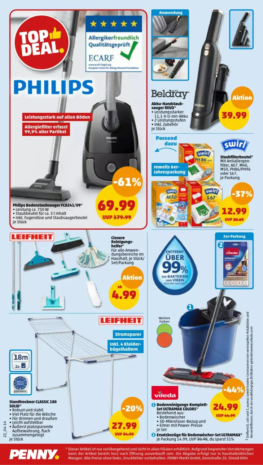 Aktueller Prospekt Penny - Prospekte - von 10.07 bis 15.07.2023 - strona 22 - produkty: akku, beutel, bodenstaubsauger, bodenwischer, bügel, corona, eimer, eis, Engel, Holz, kleid, kleider, li-ion-akku, mikrofaser, Philips, rama, Reinigung, staubbeutel, staubsauger, staubsaugerbeutel, Ti, Trockner, vileda