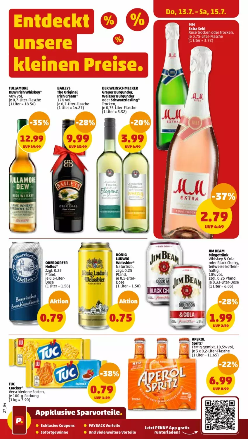 Aktueller Prospekt Penny - Prospekte - von 10.07 bis 15.07.2023 - strona 27 - produkty: auer, baileys, bier, burgunder, cola, cracker, eis, elle, flasche, getränk, gin, grauer burgunder, irish cream, irish whiskey, lack, Mixgetränk, natur, payback, riesling, schwarzriesling, Ti, tuc, tullamore, wein, weissbier, whiskey