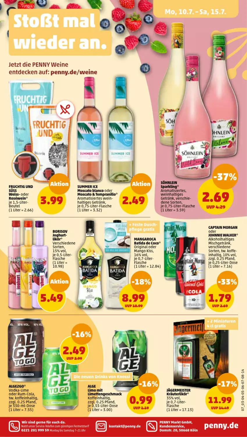 Aktueller Prospekt Penny - Prospekte - von 10.07 bis 15.07.2023 - strona 7 - produkty: alkohol, batida, beutel, Cap, captain morgan, cola, decke, eis, flasche, frucht, Germ, getränk, gin, jägermeister, joghur, joghurt, johnnie walker, kräuter, kräuterlikör, LG, likör, limette, limetten, limo, mangaroca, mango, Meister, Mett, metten, rum, tempranillo, Ti, uhr, vodka, wein, weine