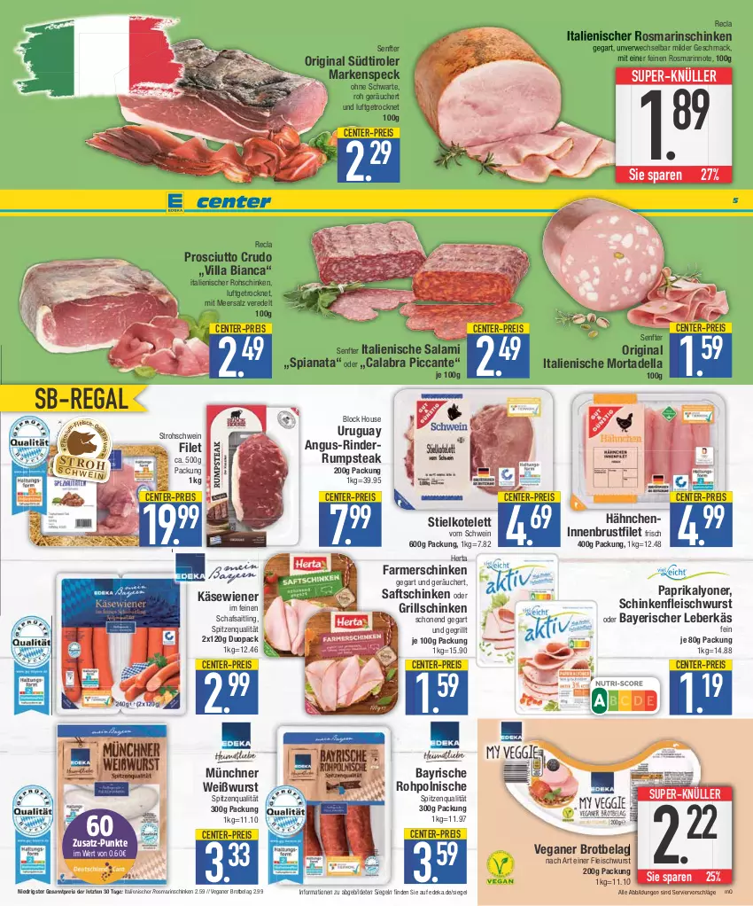 Aktueller Prospekt E Center - Angebote der Woche - von 25.09 bis 30.09.2023 - strona 5 - produkty: brot, brustfilet, deka, dell, eis, ente, farmerschinken, filet, fleisch, fleischwurst, gin, grill, herta, HP, Käse, kotelett, leberkäs, lyoner, mac, meersalz, mortadella, paprika, prosciutto, prosciutto crudo, regal, reis, rind, rinder, rohschinken, rosmarin, rum, rumpsteak, rwe, saft, saftschinken, salami, salz, schinken, schinkenfleischwurst, schwein, senf, Speck, spitzenqualität, steak, südtiroler, super-knüller, Ti, wein, Weißwurst, wiener, wurst, Yo, ZTE