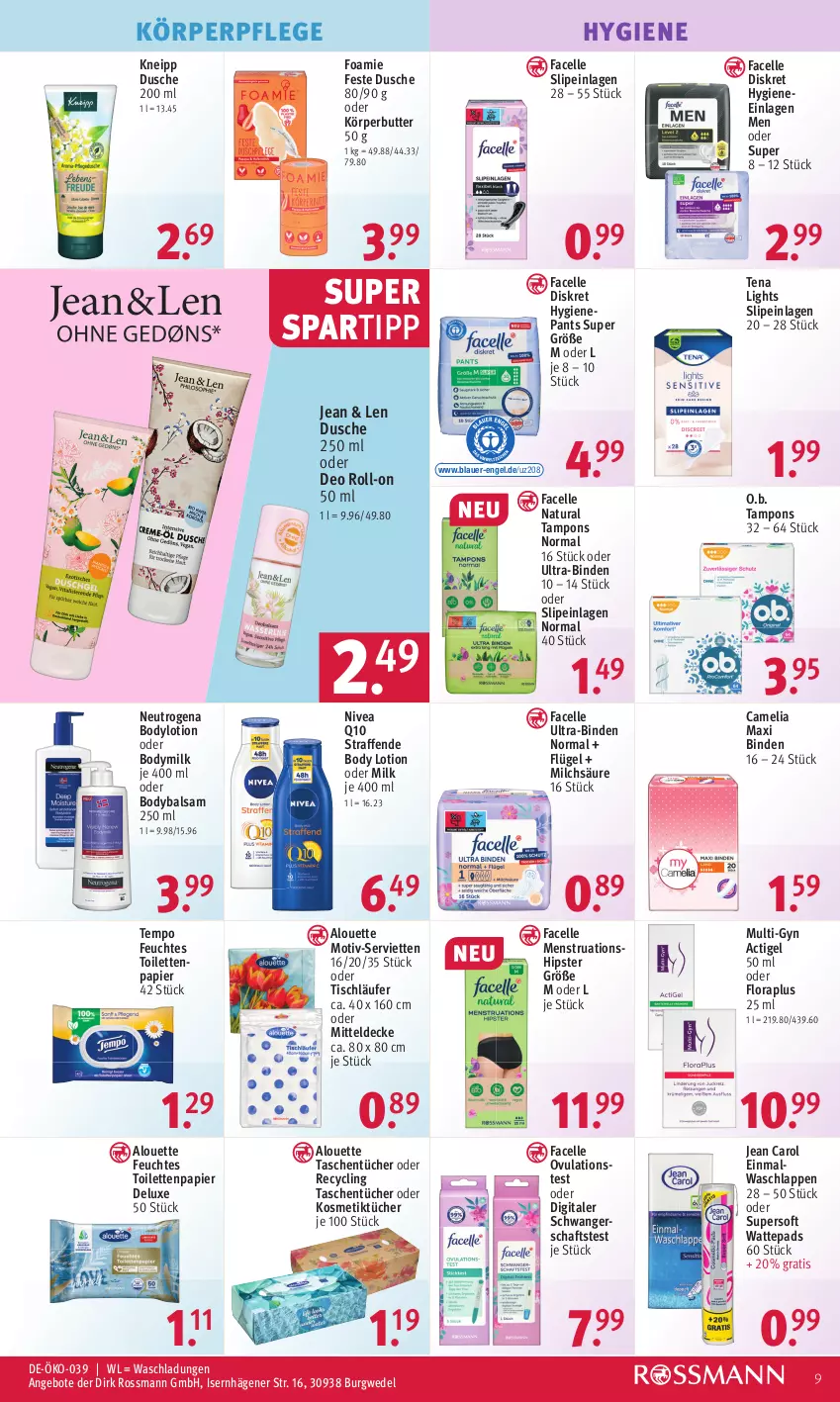 Aktueller Prospekt Rossmann - Prospekte - von 06.02 bis 10.02.2023 - strona 9 - produkty: alouette, Alwa, angebot, angebote, auer, balsam, binden, body, body lotion, bodylotion, Bodymilk, butter, camelia, Clin, decke, deo, deo roll-on, dusche, Einmalwaschlappen, elle, Engel, Facelle, feuchtes toilettenpapier, Jean Carol, kneipp, körperpflege, kosmetik, Kosmetiktücher, Läufer, Lotion, milch, mitteldecke, natur, natura, neutrogena, nivea, O.b., oder deo roll-on, Pants, papier, Q10, roll-on, Schwangerschaftstest, Serviette, servietten, slip, slipeinlagen, spartipp, Tampon, tampons, Tasche, taschen, taschentücher, Tempo, Ti, tisch, tischläufer, toilettenpapier, tücher, Ultra-Binden, waschlappen, wattepads, wedel