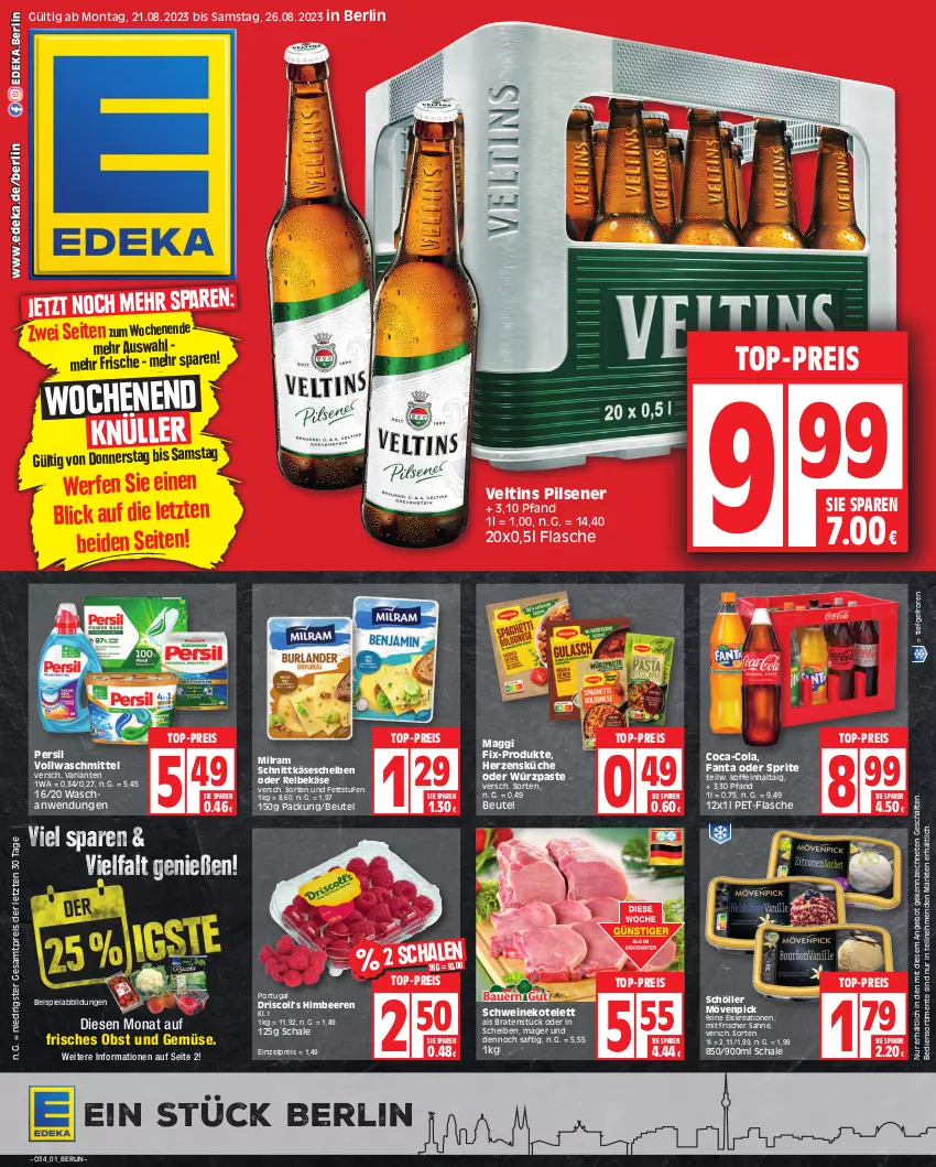 Aktueller Prospekt Edeka - Angebote der Woche - von 21.08 bis 26.08.2023 - strona 1 - produkty: angebot, beere, beeren, beispielabbildung, beutel, braten, coca-cola, cola, deka, driscoll's, eis, ente, fanta, fanta oder, fanta oder sprite, flasche, himbeer, himbeere, himbeeren, Käse, kotelett, küche, maggi, maggi fix, milram, mövenpick, obst, Obst und Gemüse, oder sprite, persil, pet-flasche, pils, pilsener, Reibekäse, reis, Ria, saft, sahne, Schal, Schale, schnittkäse, Schöller, schwein, schweine, schweinekotelett, sprite, Ti, top-preis, und gemüse, veltins, veltins pilsener, vollwaschmittel, waschmittel, wein, weine, ZTE