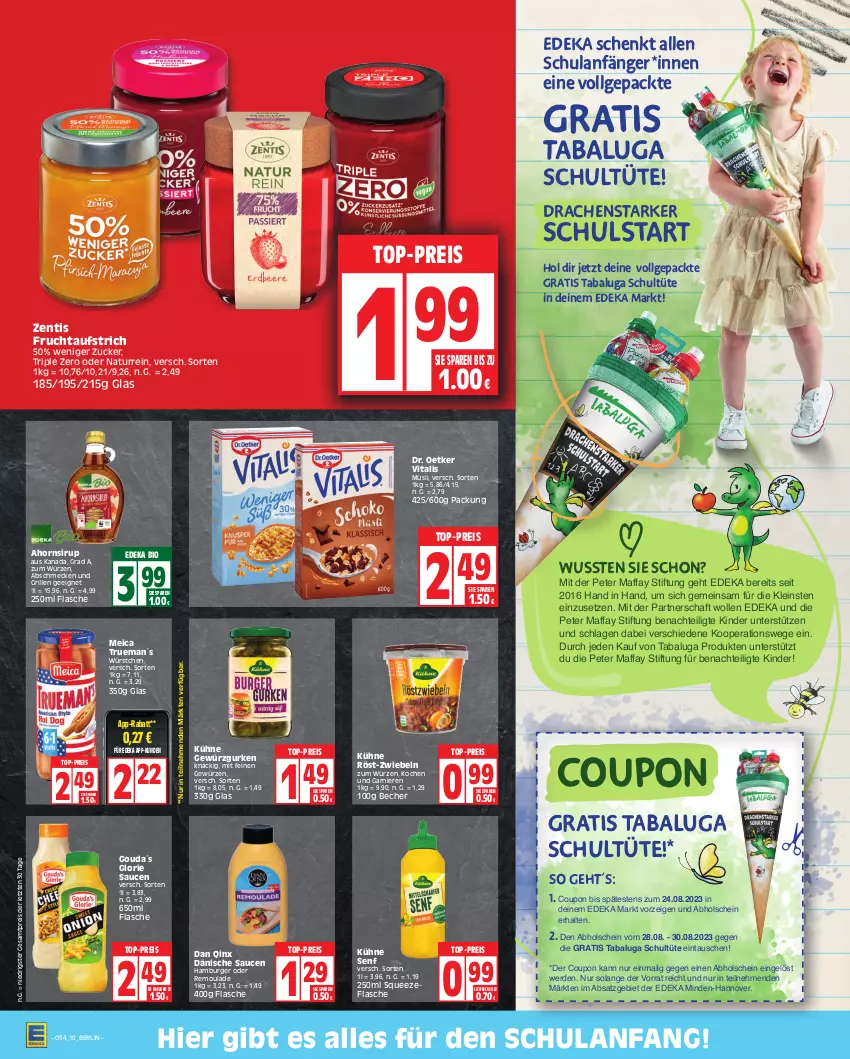 Aktueller Prospekt Edeka - Angebote der Woche - von 21.08 bis 26.08.2023 - strona 10 - produkty: aufstrich, Becher, bio, burger, coupon, deka, Dr. Oetker, edeka bio, eis, erde, flasche, frucht, fruchtaufstrich, garnier, gewürz, Gewürzgurke, gewürzgurken, gouda, grill, gurke, gurken, hamburger, Kinder, Kühne, kühne senf, LG, meica, müsli, natur, reis, remoulade, sauce, saucen, senf, sirup, Ti, top-preis, Tüte, vita, vitalis, vitalis müsli, wolle, würstchen, zentis, ZTE, zucker, zwiebel, zwiebeln